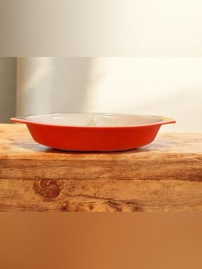 Vintage Pyrex Divided Oval Casserole Dish Red/Orange 2 Section No Lid